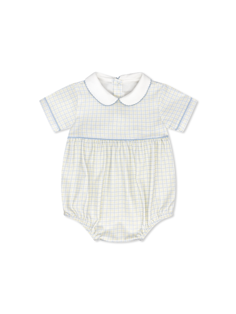 White baby romper with blue and yellow check pattern on a white background