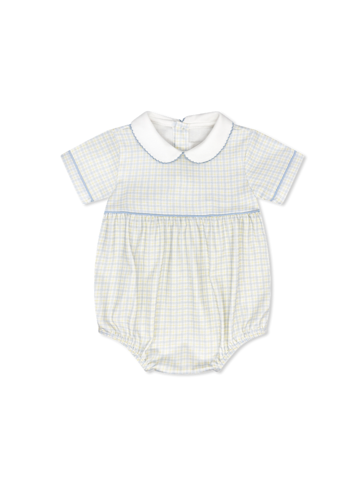 White baby romper with blue and yellow check pattern on a white background