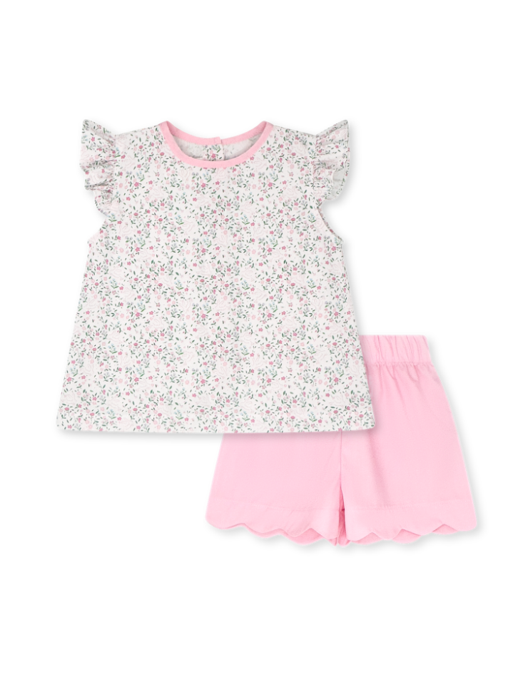Floral and Bunny print top with flutter shoulder sleeve, paired with pink scalloped shorts. 