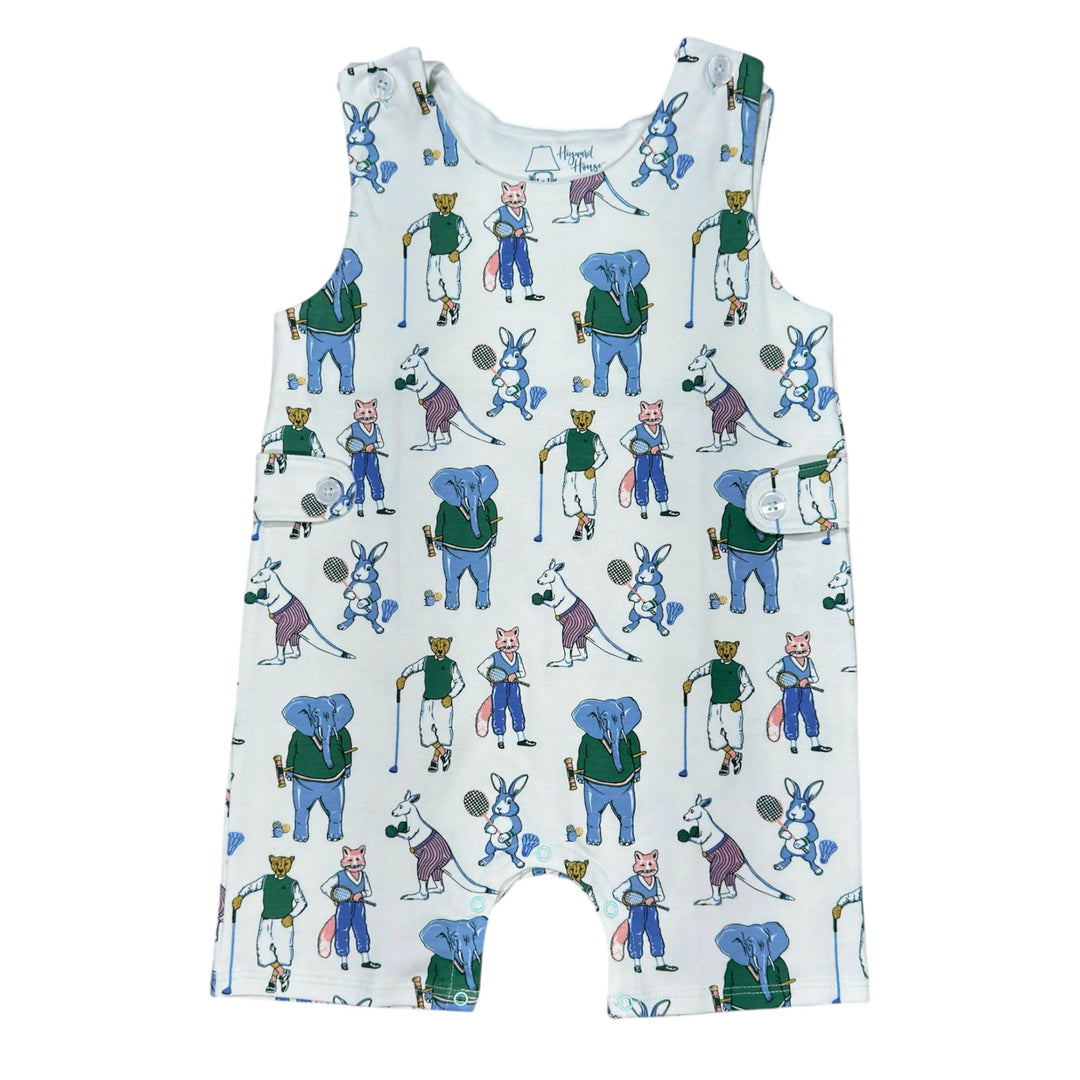 Baby Boy Jon Jon with Athletic Animal print. Snap closure for easy diaper changes, buttons on shoulders for easy outfit changes. 