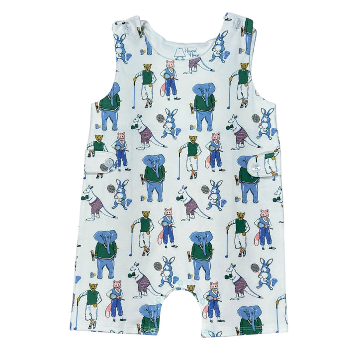 Baby Boy Jon Jon with Athletic Animal print. Snap closure for easy diaper changes, buttons on shoulders for easy outfit changes. 