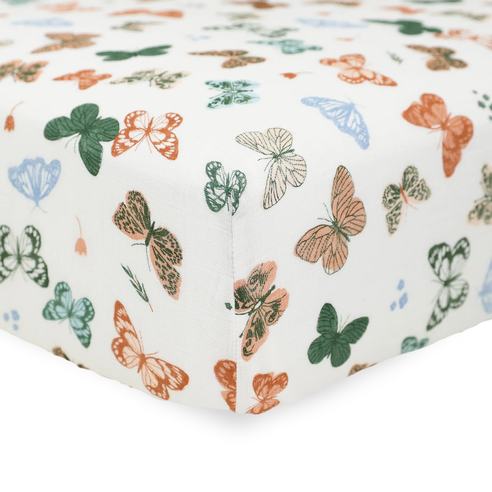Butterflies Cotton Muslin Crib Sheet by Little Unicorns - alternate view