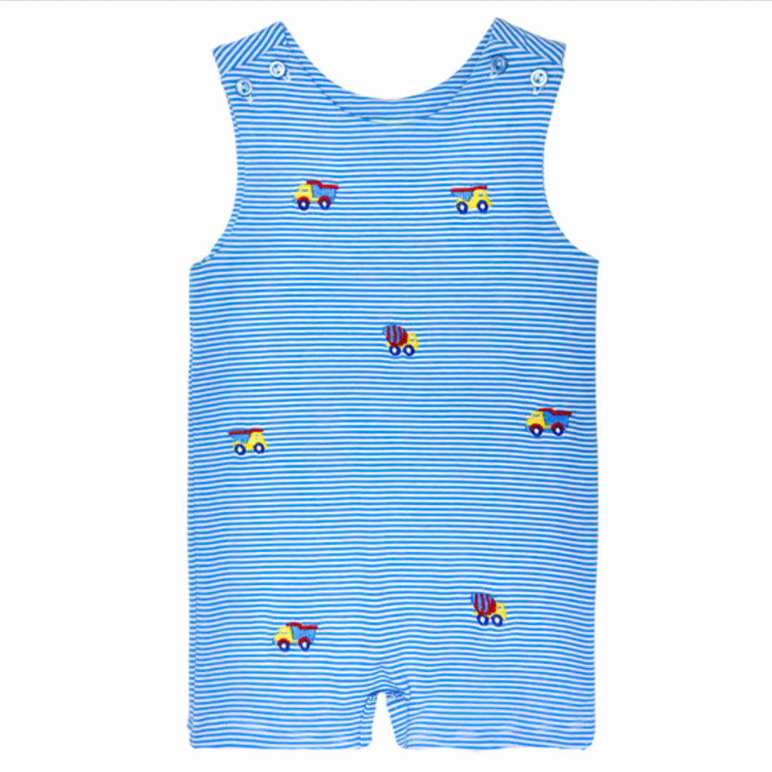Blue and white striped romper with embroidered designs on a white background