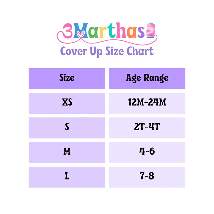 3 Marthas cover up size chart with size and age range information on a white background