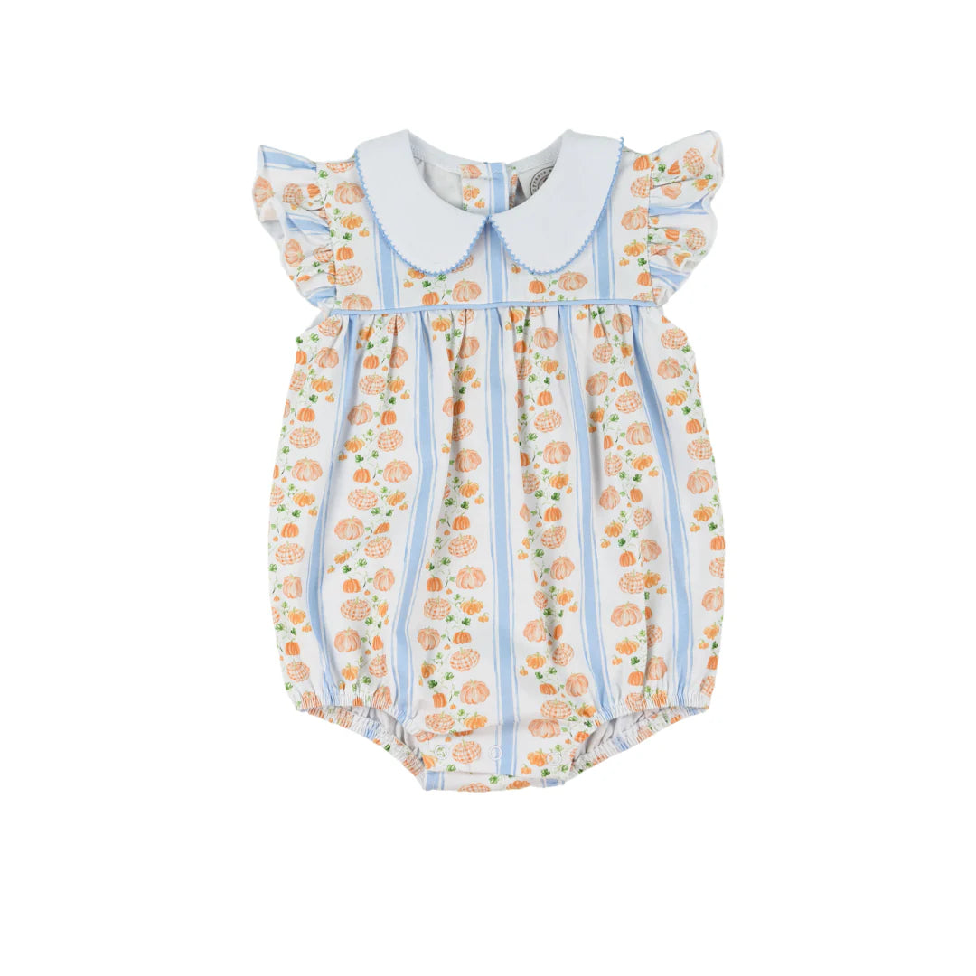 Baby romper with floral and striped pattern on a white background