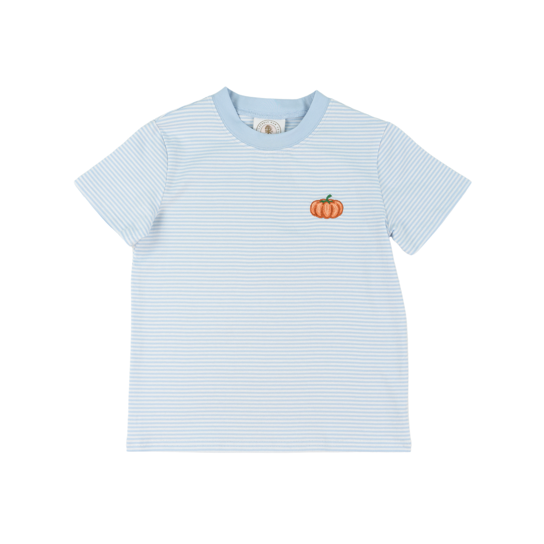 Light blue striped t-shirt with a small orange pumpkin design on a white background