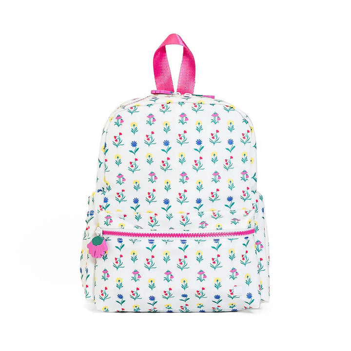 Backpack with floral pattern and pink accents on a white background