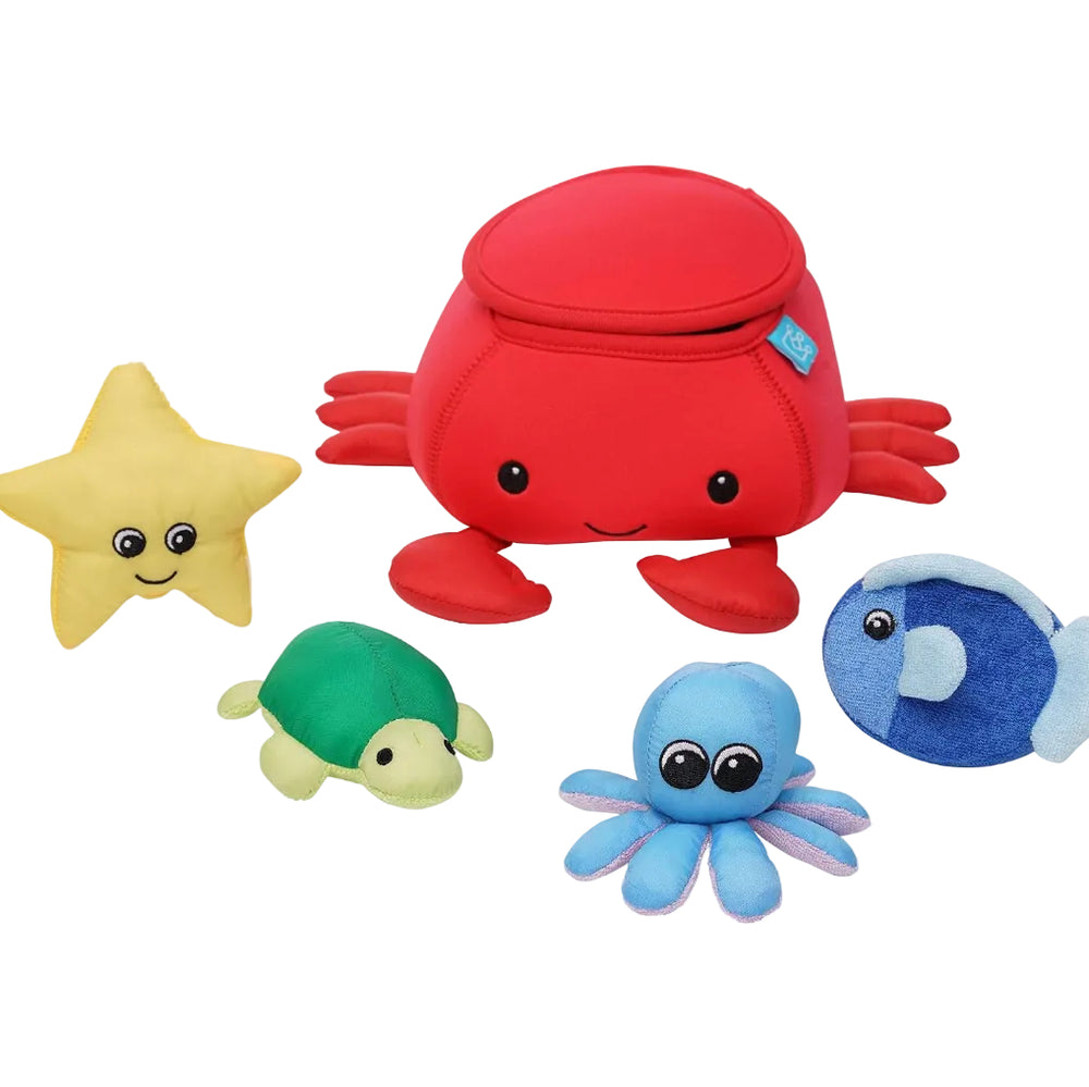 Set of colorful plush toys including a red crab, yellow starfish, green turtle, blue octopus, and blue fish on a white background.
