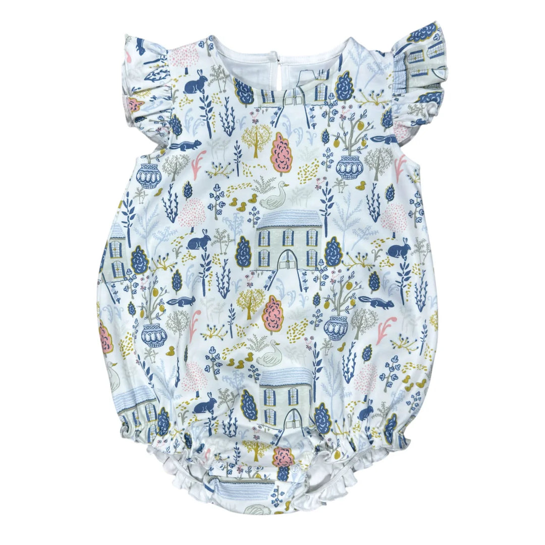 Fluter sleeve bubble in English countryside print