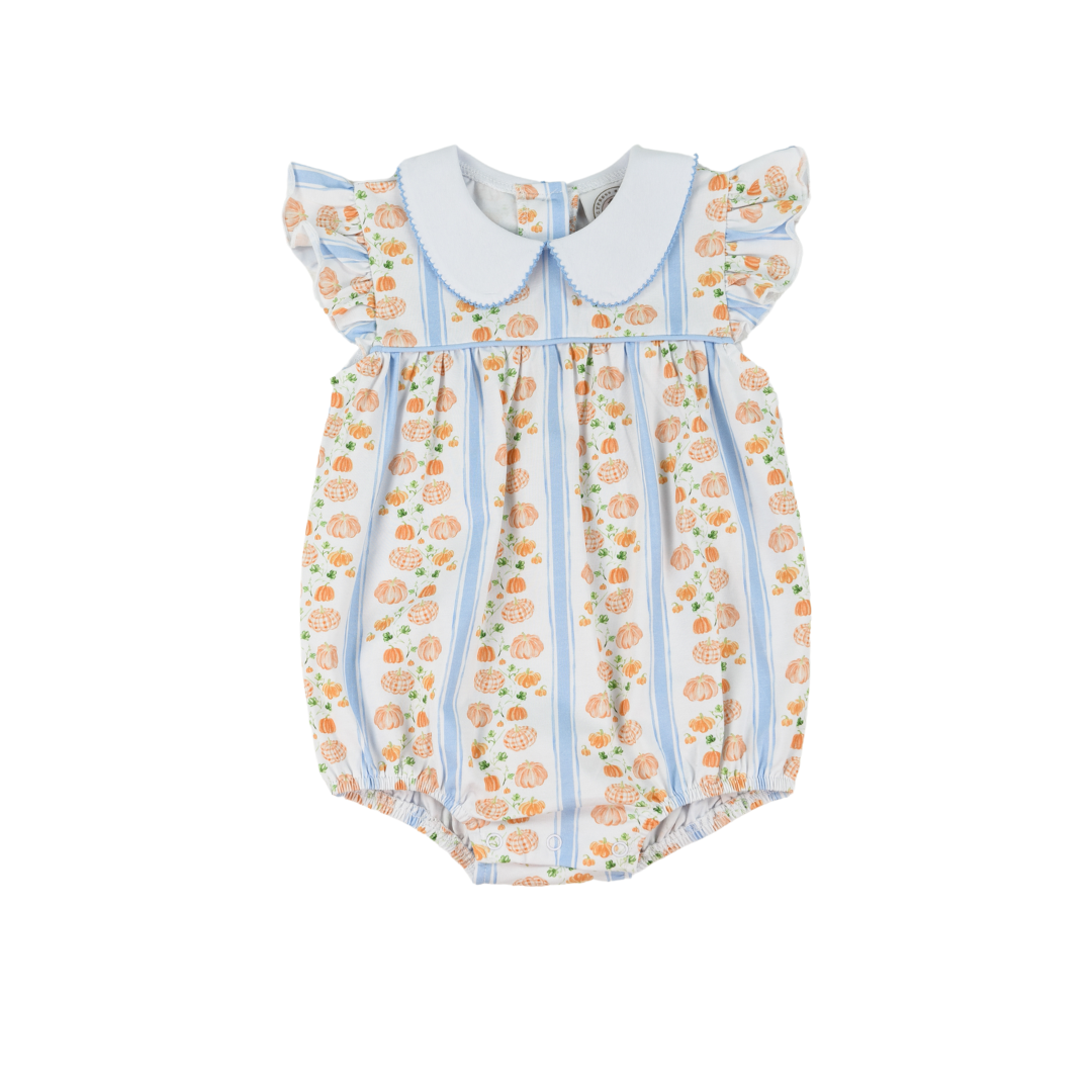 Cypress Rows Flutter Sleeve Pumpkin Bubble with Peter Pan Collar. Grand Millennial design with subtle pumpkins. 