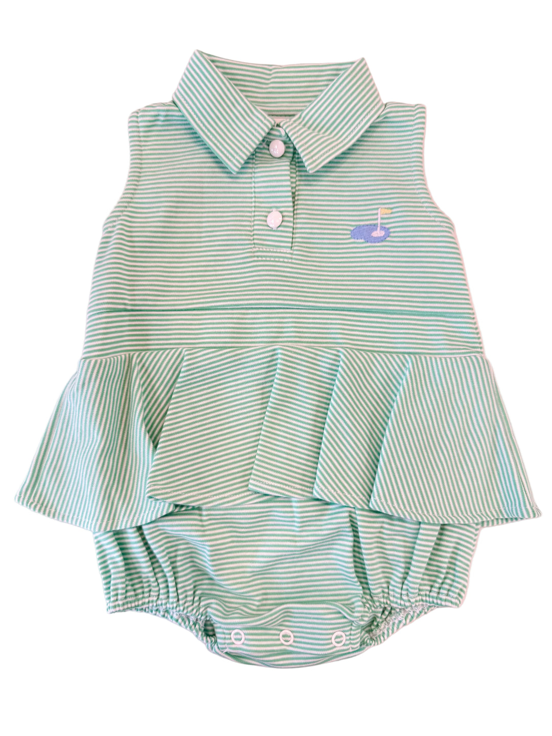 Green and white striped baby dress with ruffled skirt on a white background