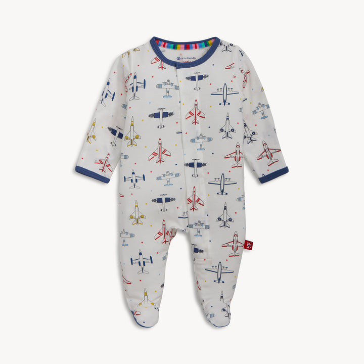 Baby onesie with airplane pattern on a white background
