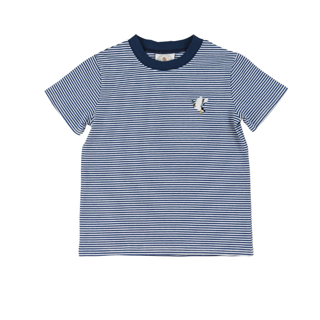 Blue and white striped t-shirt with a small mallard logo on a white background
