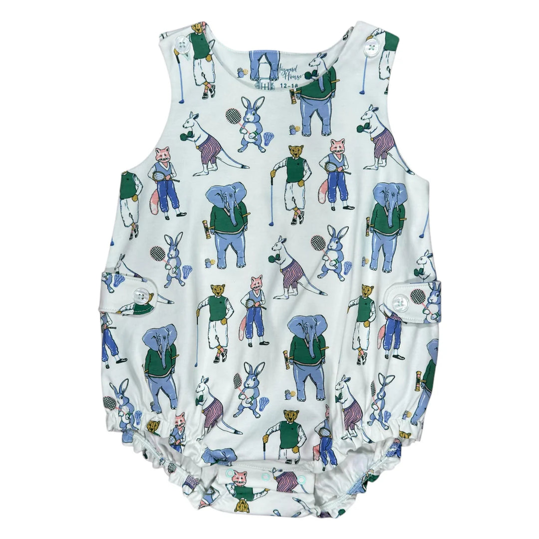 Sleeveless bubble romper with printed athletic animals. Pima cotton with button on shoulders. 