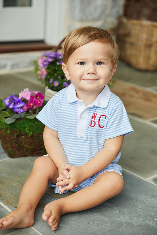 Peter Pan Polo Romper - Light Blue Stripe by Little English - alternate view