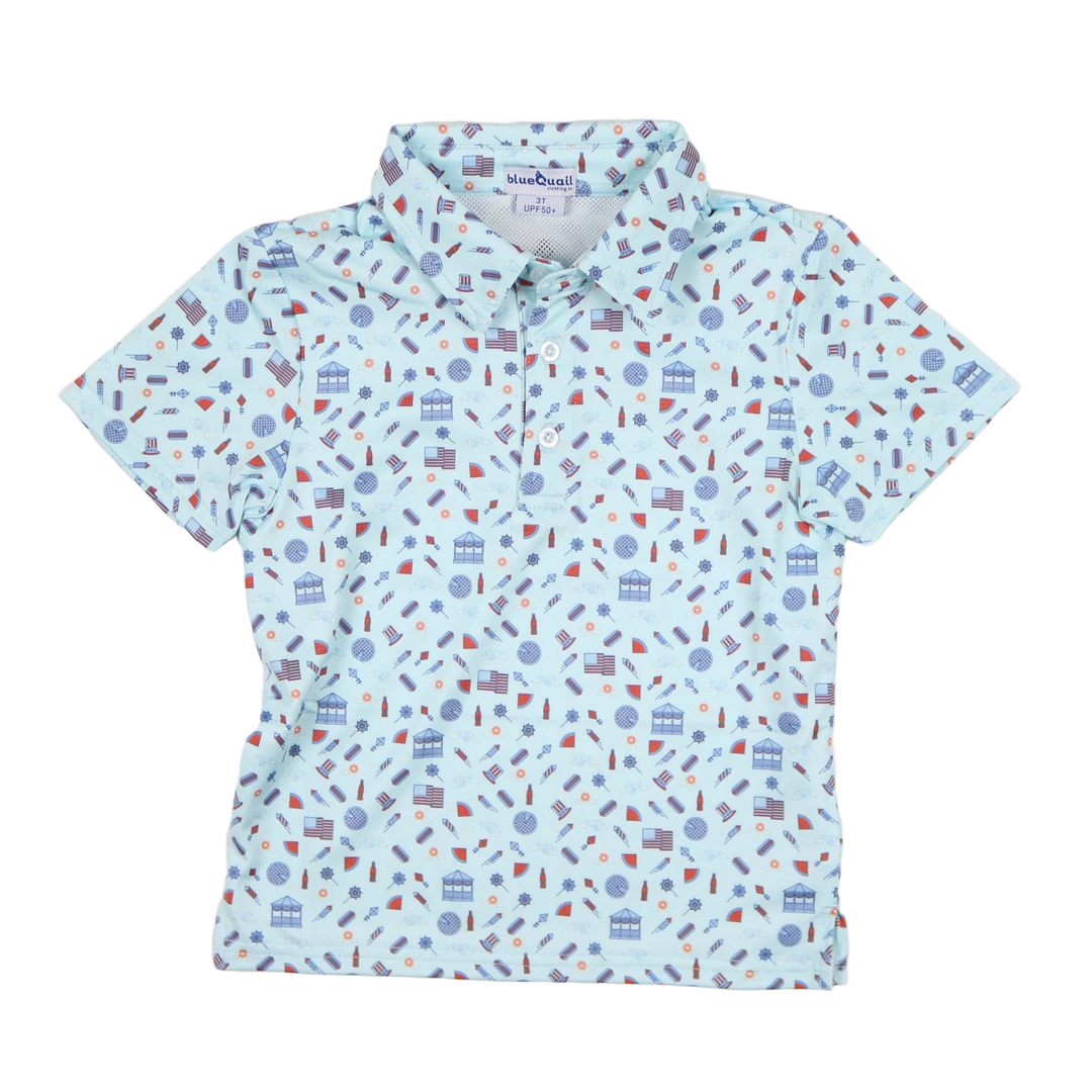 Children's light blue polo shirt with colorful geometric pattern on a white background