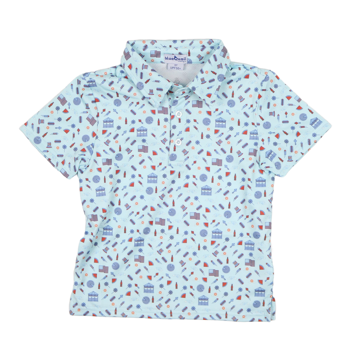 Children's light blue polo shirt with colorful geometric pattern on a white background