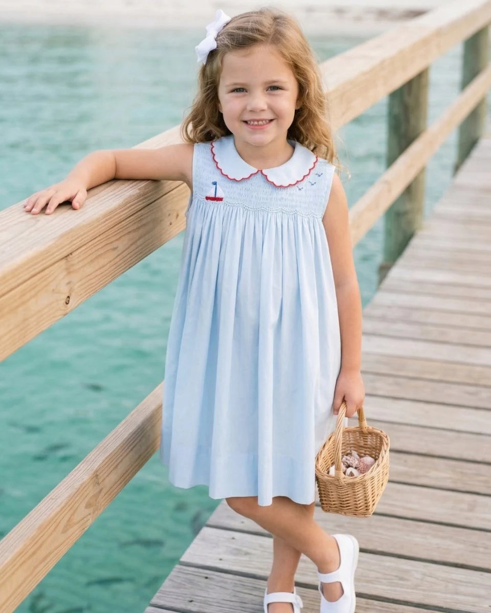 Ella Dress in Brentwood Blue Pique, Sailboat
