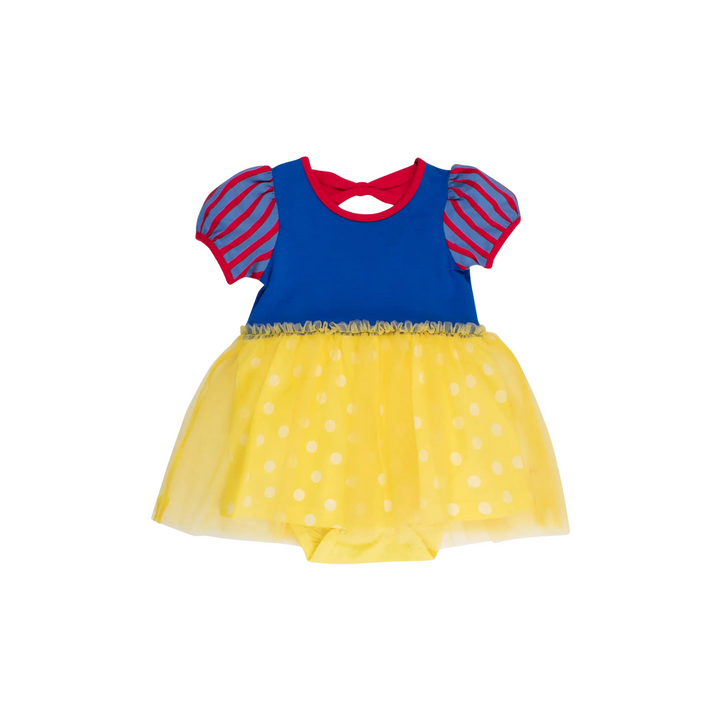 Children's dress with blue top and yellow polka dot skirt on a white background
