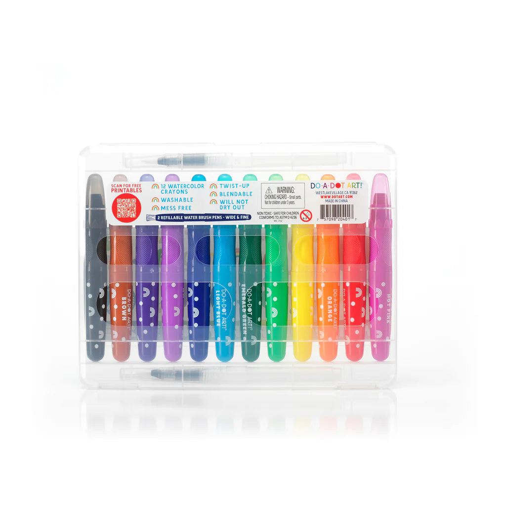 Rainbow Bright Watercolor Crayons – 12 Colors with 2 Refillable Water Brushes