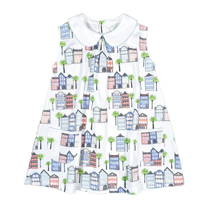 Charleston inspired rainbow row print sleeveless twirl dress for baby and toddler girls. Features a Peter Pan collar with pockets. 