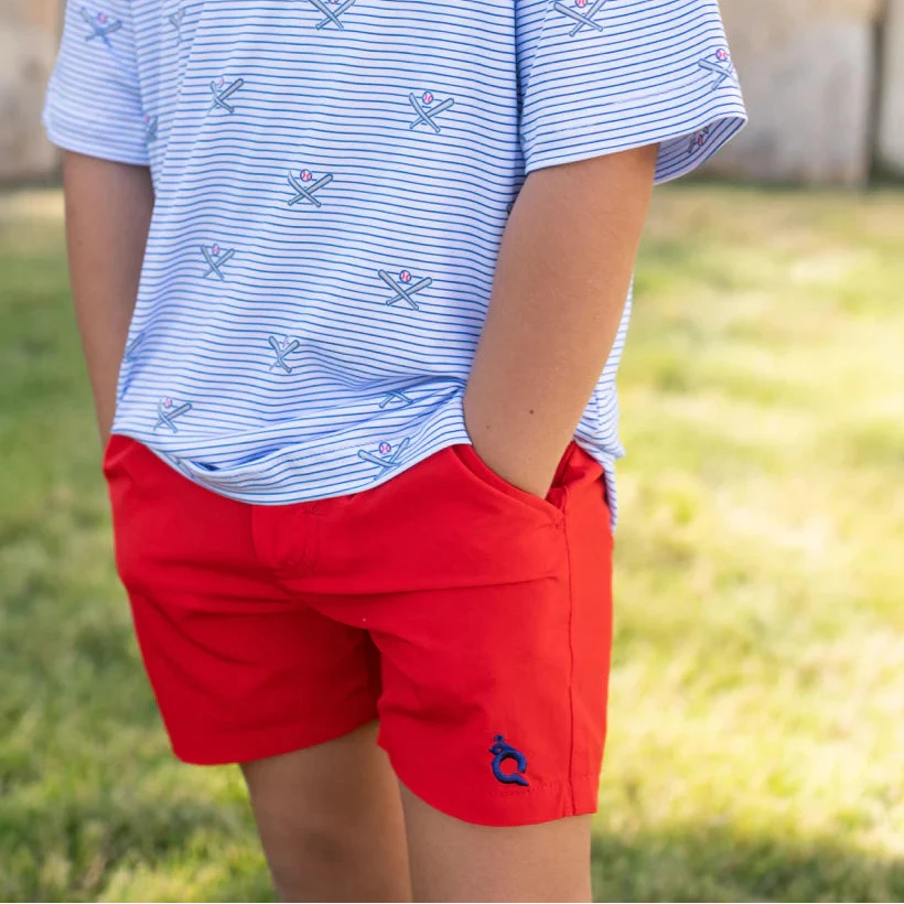 Red Shorts with Blue, Blue Quail Logo