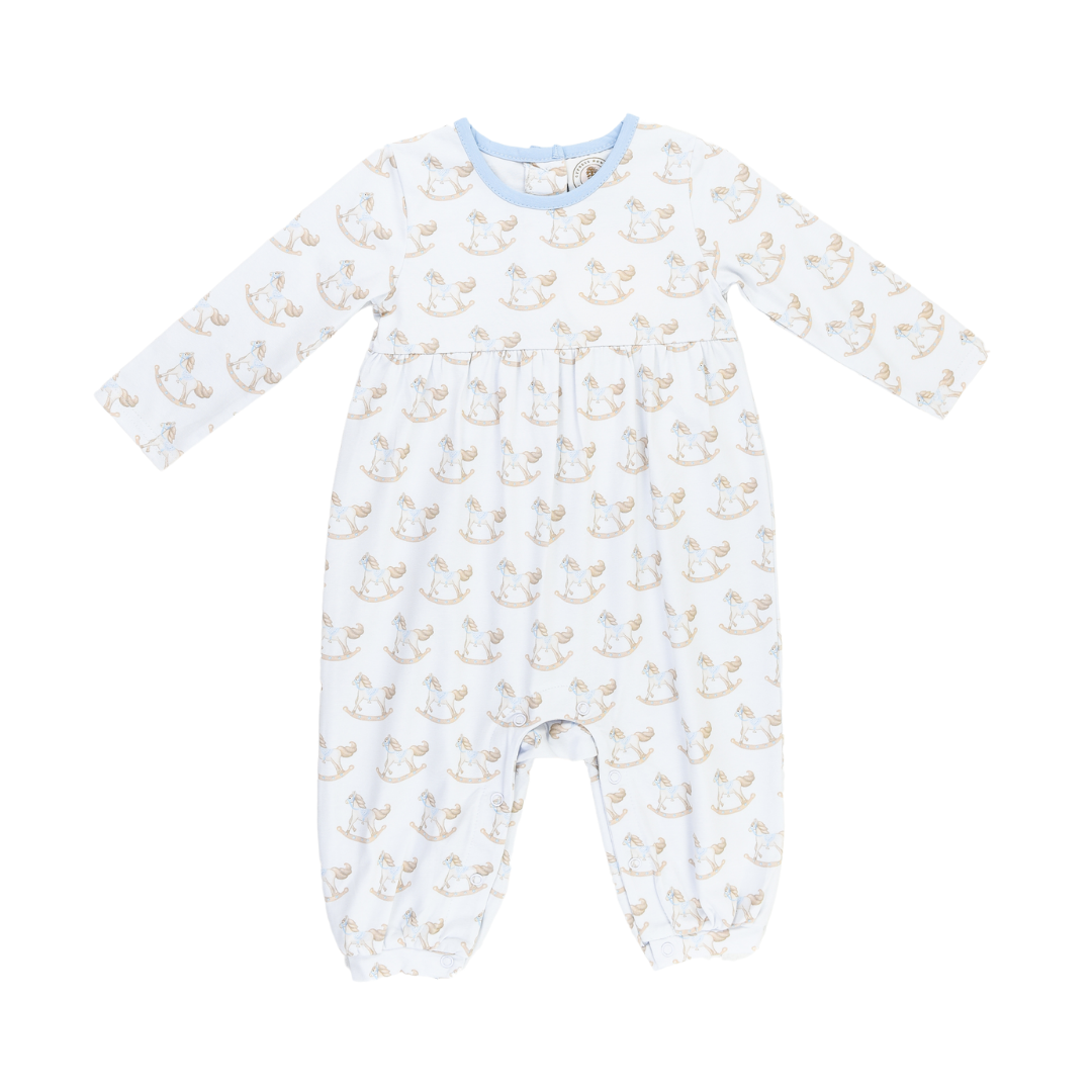 Baby Boy playsuit white with blue and rocking horse design 