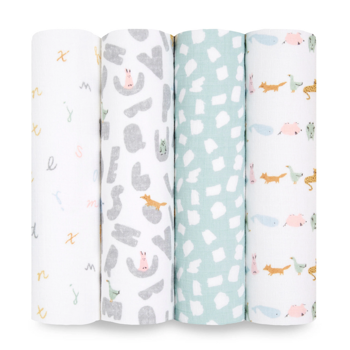 Alphabet Animals - Essentials Cotton Muslin Swaddle Blanket 4 Pack