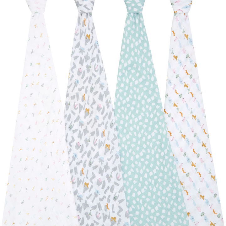 Alphabet Animals - Essentials Cotton Muslin Swaddle Blanket 4 Pack