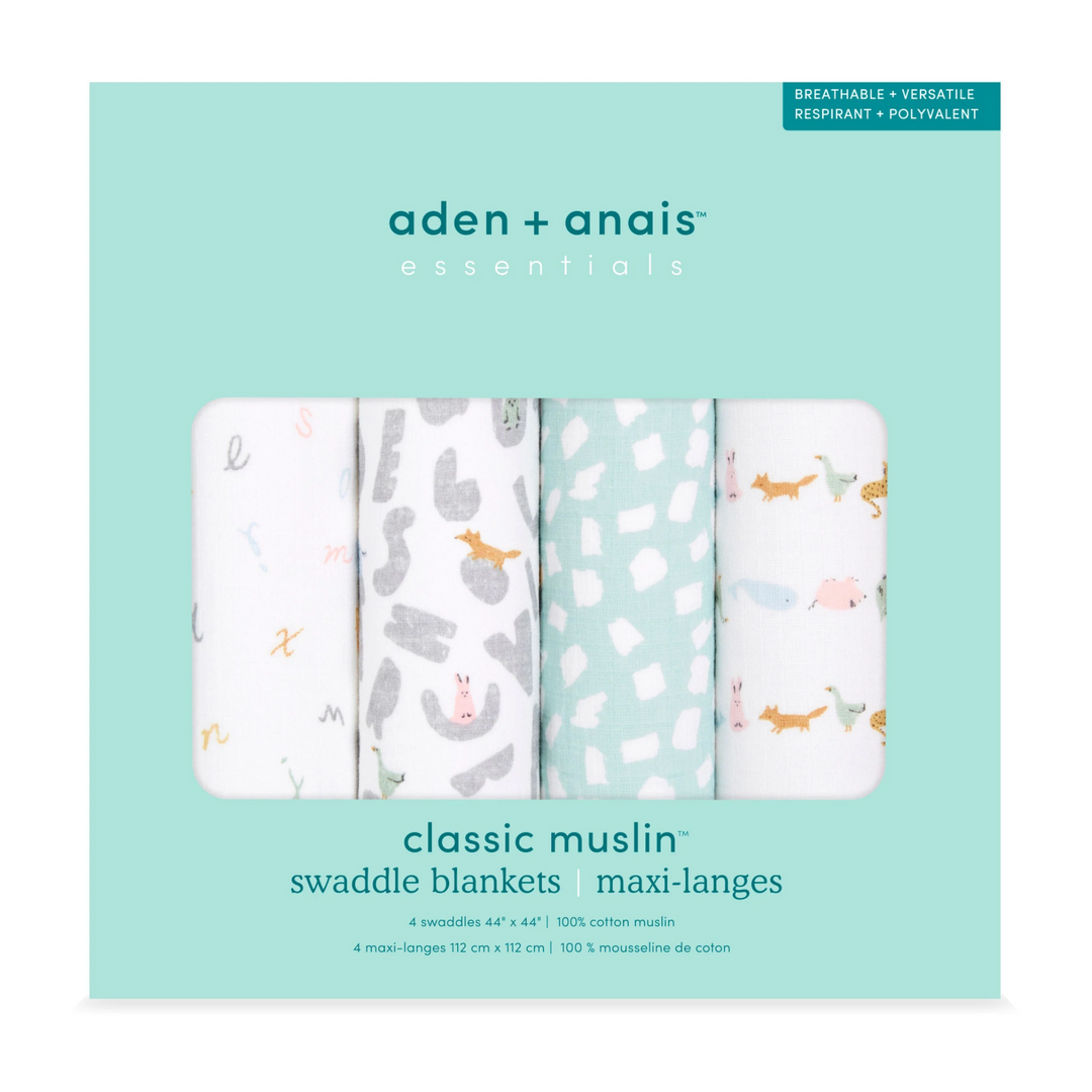 Alphabet Animals - Essentials Cotton Muslin Swaddle Blanket 4 Pack