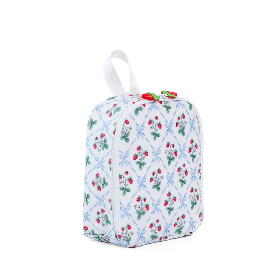 Square-shaped fabric bag with floral pattern on a white background