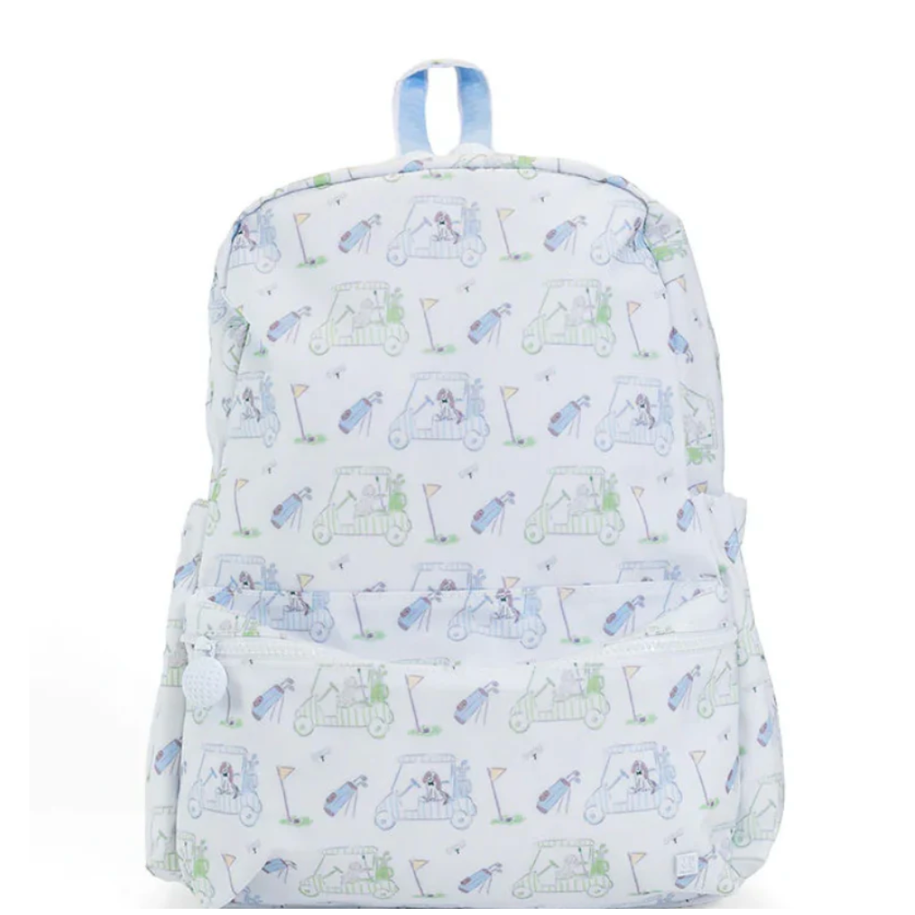 Backpack with golf car pattern on a white background