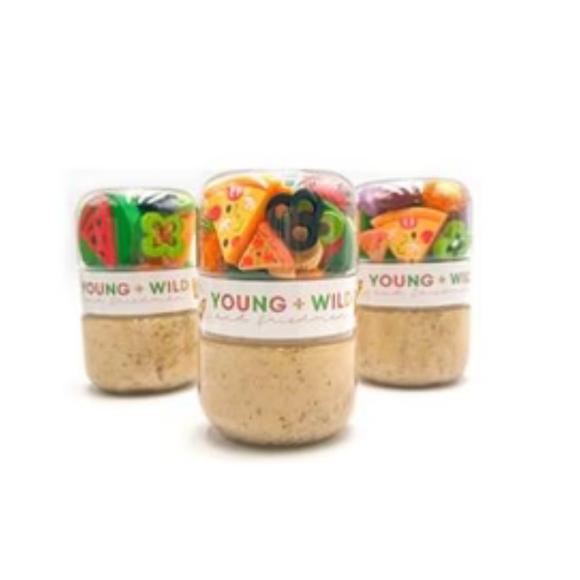 three young wild and friedman jar with pizza theme dough for sensory play on white background