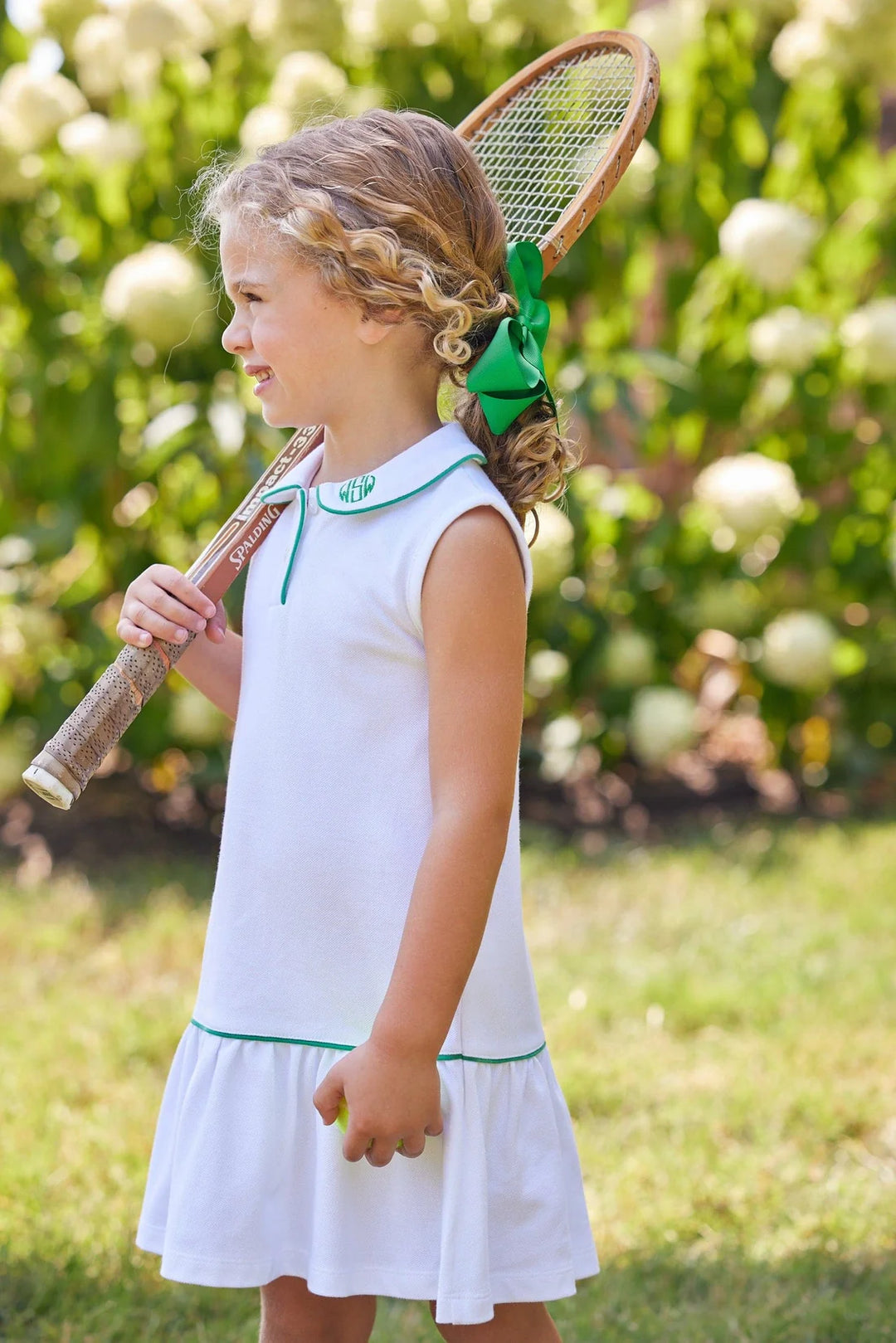 White with Green Sleeveless Polo Dress by Little English - detail view