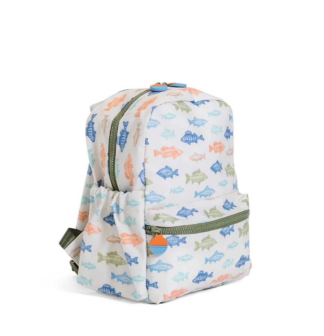 Children's backpack with fish pattern on a white background