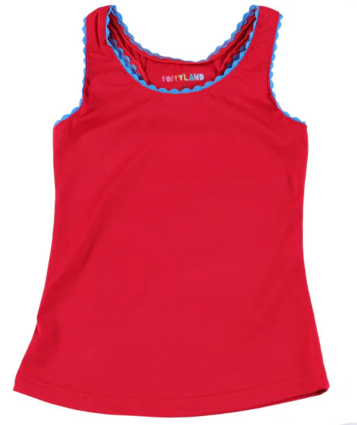 Red tank top with blue trim on a white background
