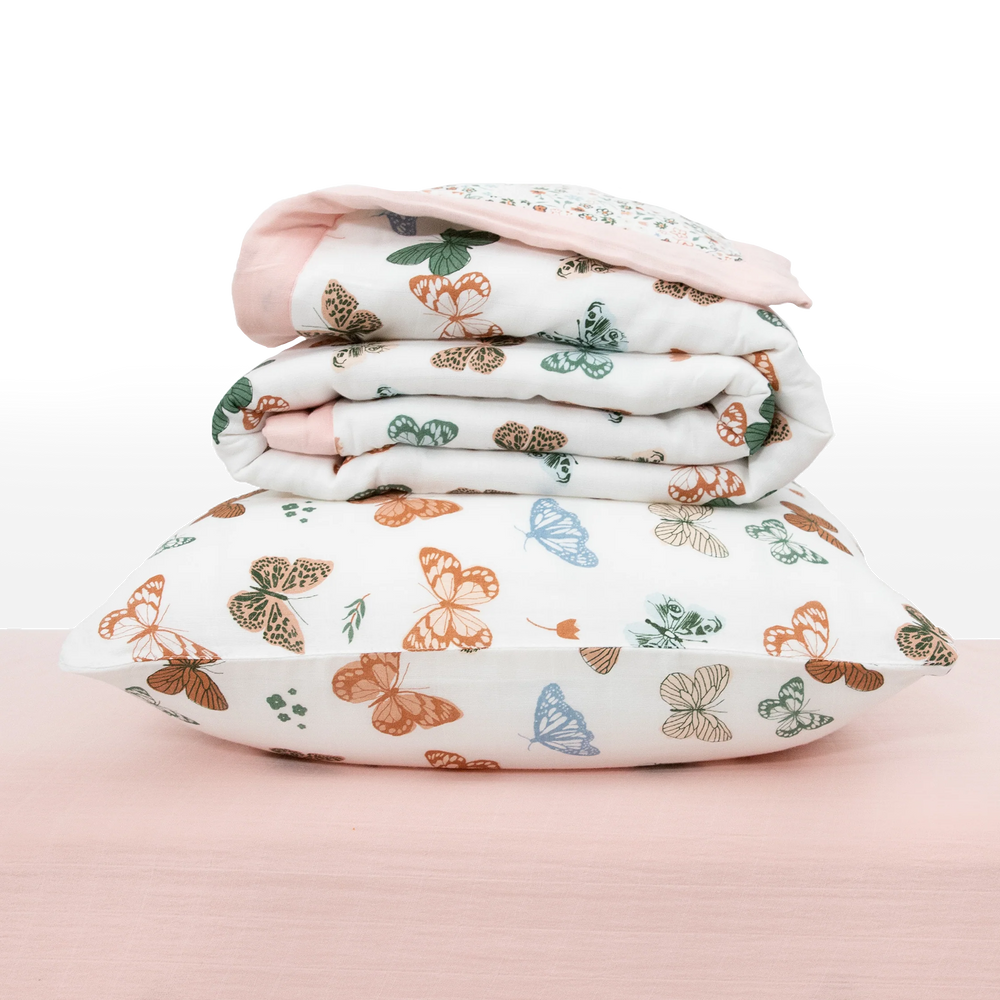 Butterflies Cotton Muslin Toddler Bedding 3 Piece Set by Little Unicorns - back view