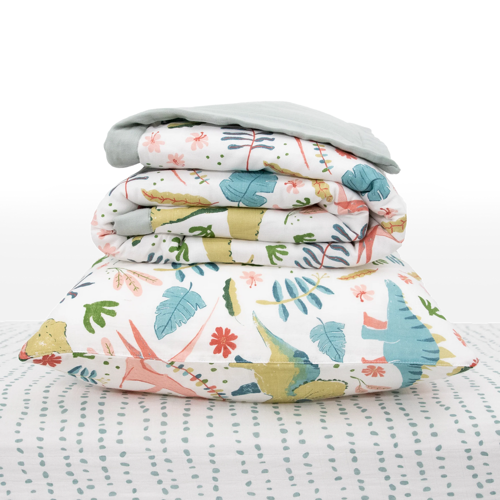 Boho Dino Cotton Muslin Toddler Bedding 3 Piece Set by Little Unicorns - back view