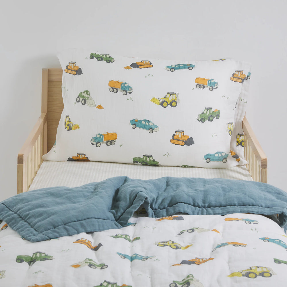 Work Trucks Cotton Muslin Toddler Bedding 3 Piece Set by Little Unicorns - back view
