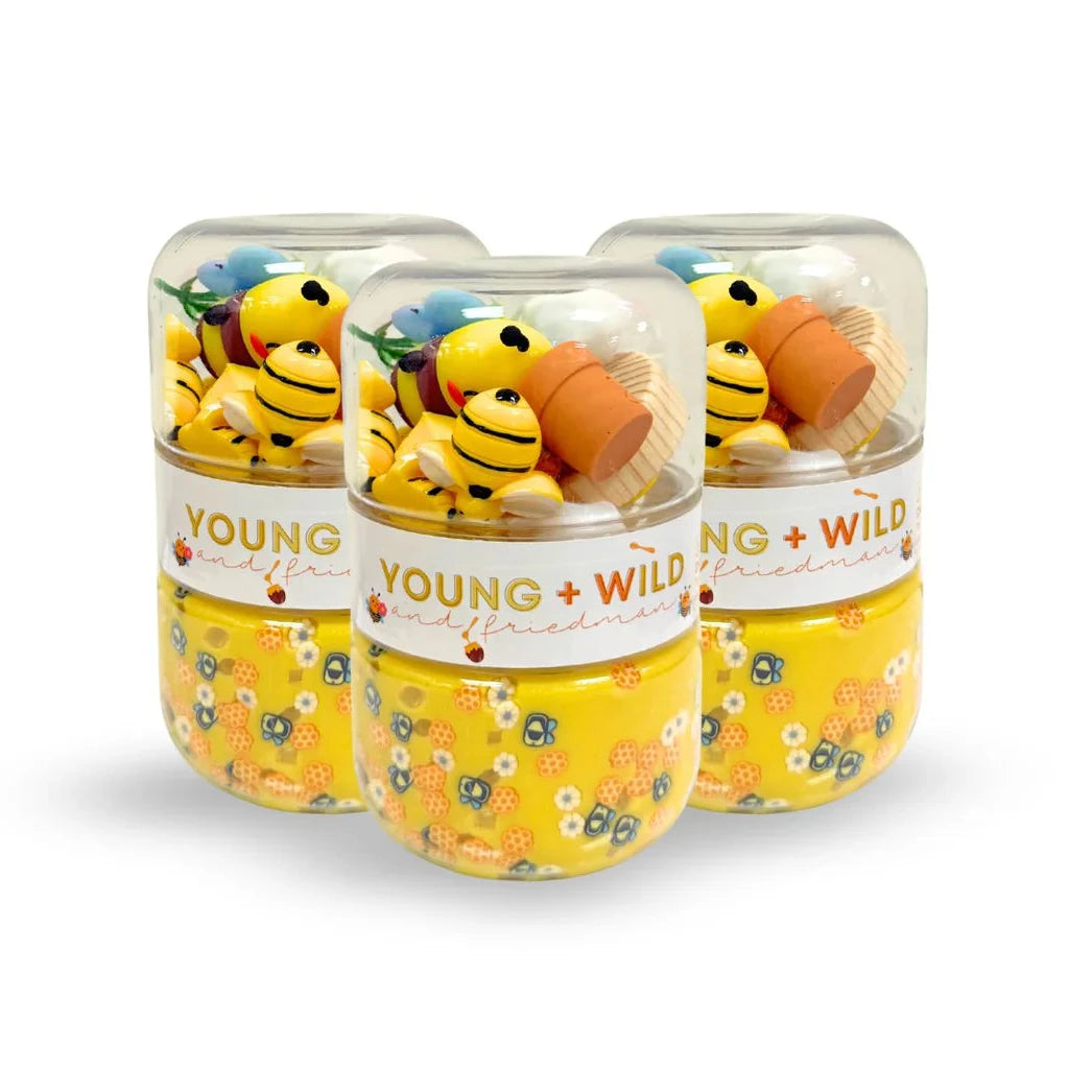 Three transparent containers with bee-themed toys on a white background, featuring the brand 'Young & Wild'.