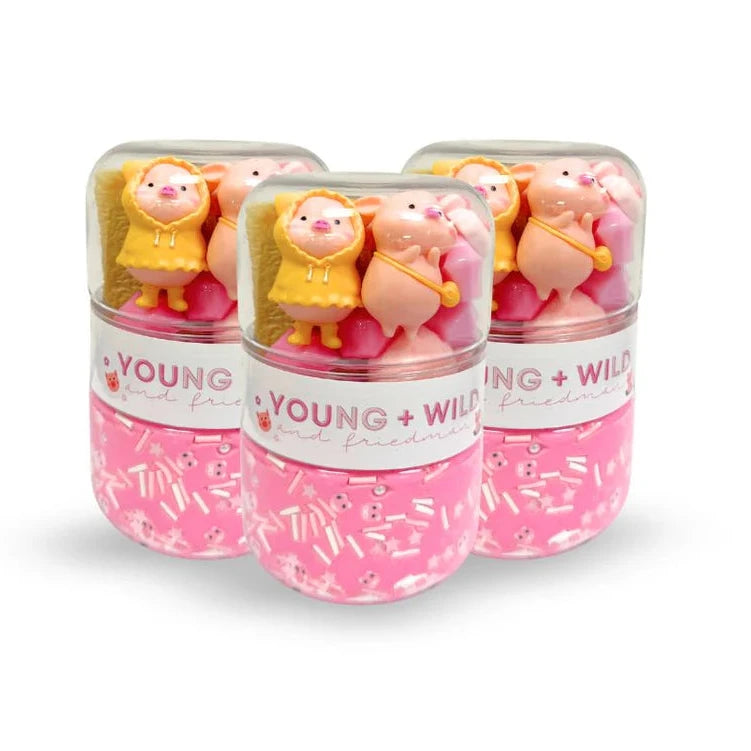 Young, Wild and Friedman Grab and Go Jars with pink sensory dough with sprinkles and three little pigs characters to mix in dough. 