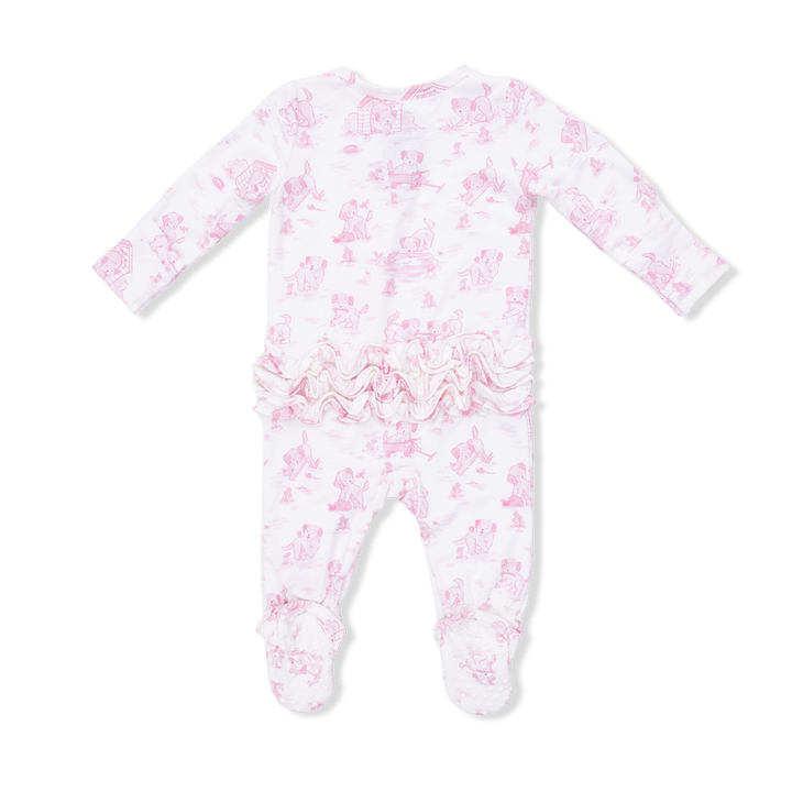 Puppy Toile Pink - 2 Way Ruffle Back Zipper Footie