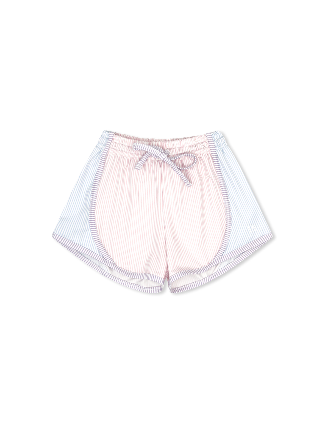 Pink shorts with white trim on a white background