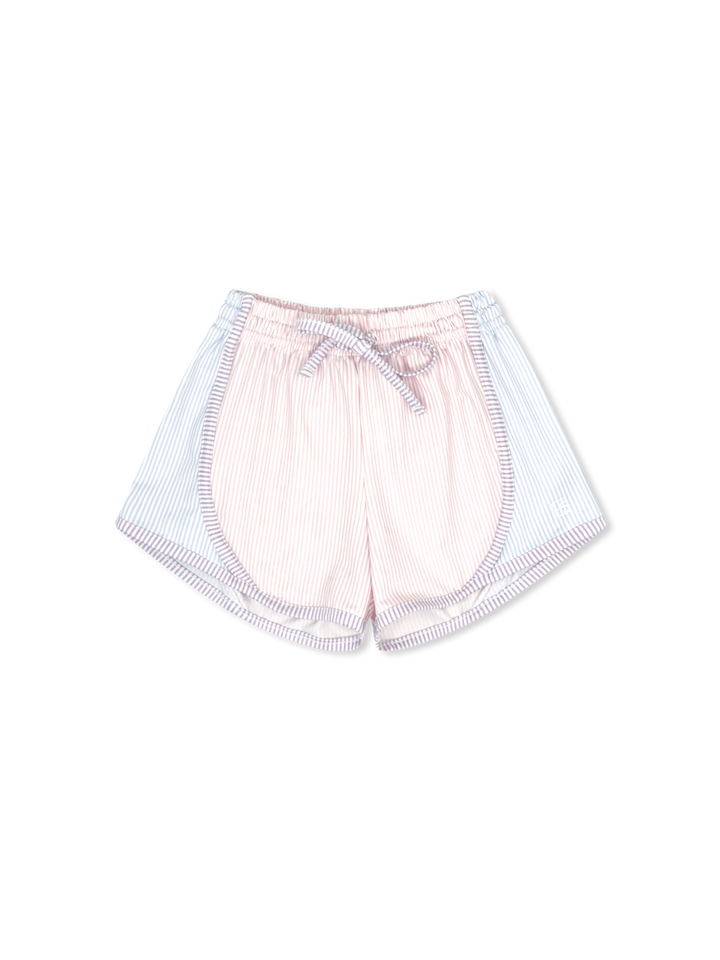 Pink shorts with white trim on a white background