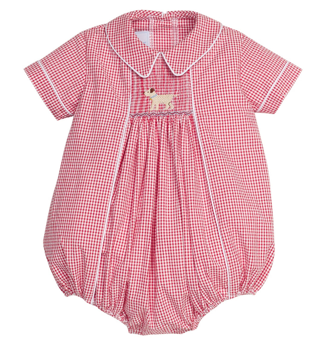 Red and white checkered baby romper with a small design on a white background