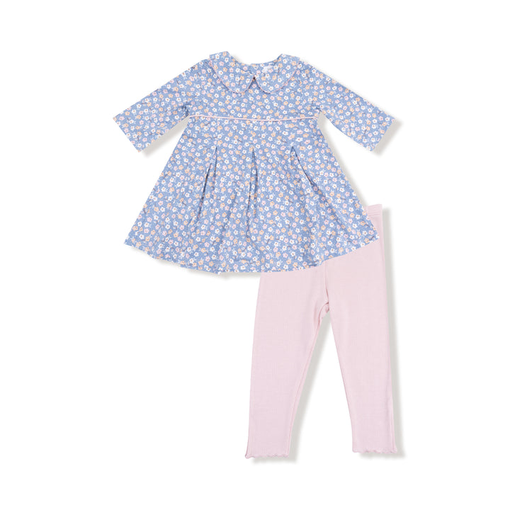 Country Calico Box Pleat Dress with 3/4 Sleeve + Peterpan Collar & Rib Leggings