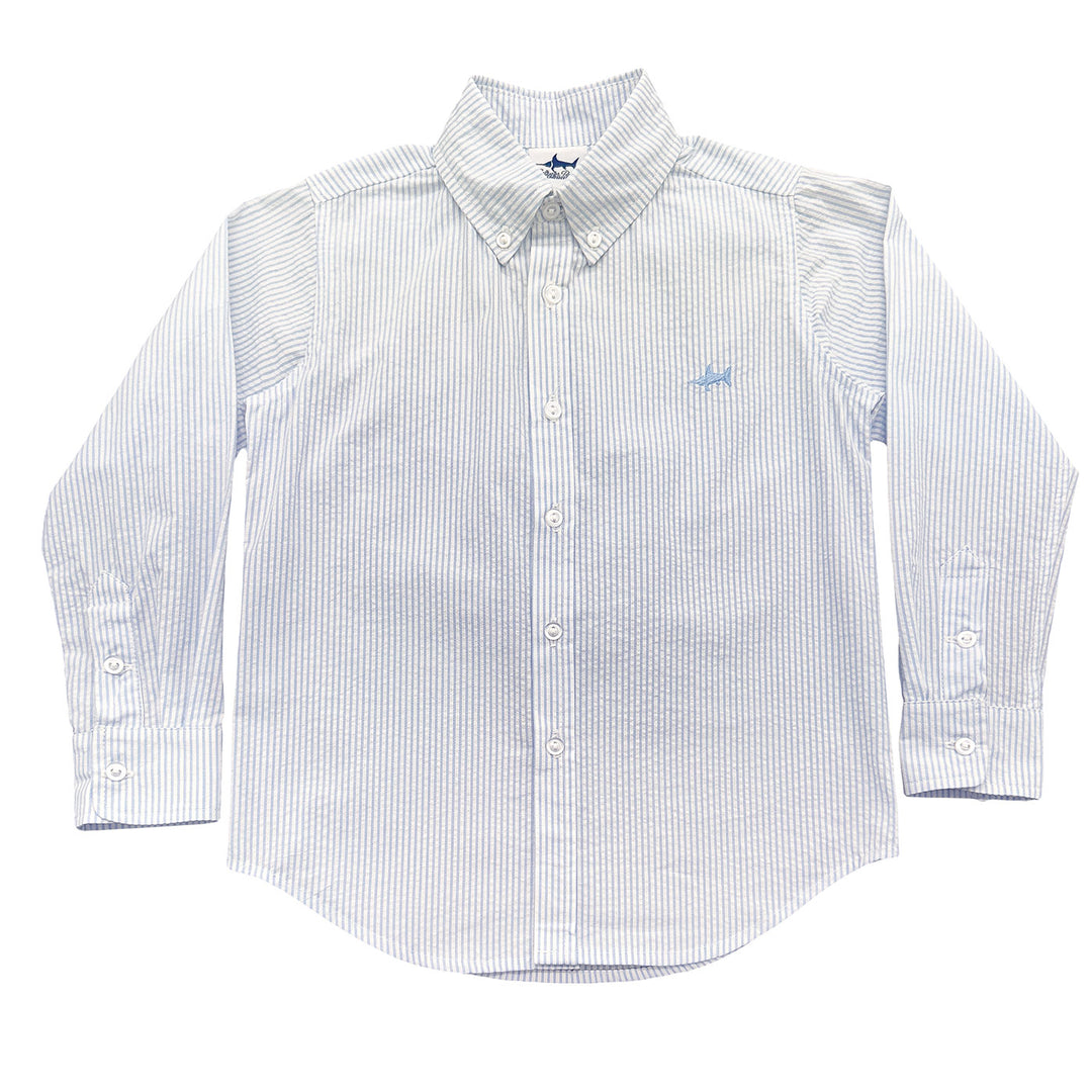 Light Blue Stripe Seersucker Carter Oxford Shirt by Saltwater Boys - baby top