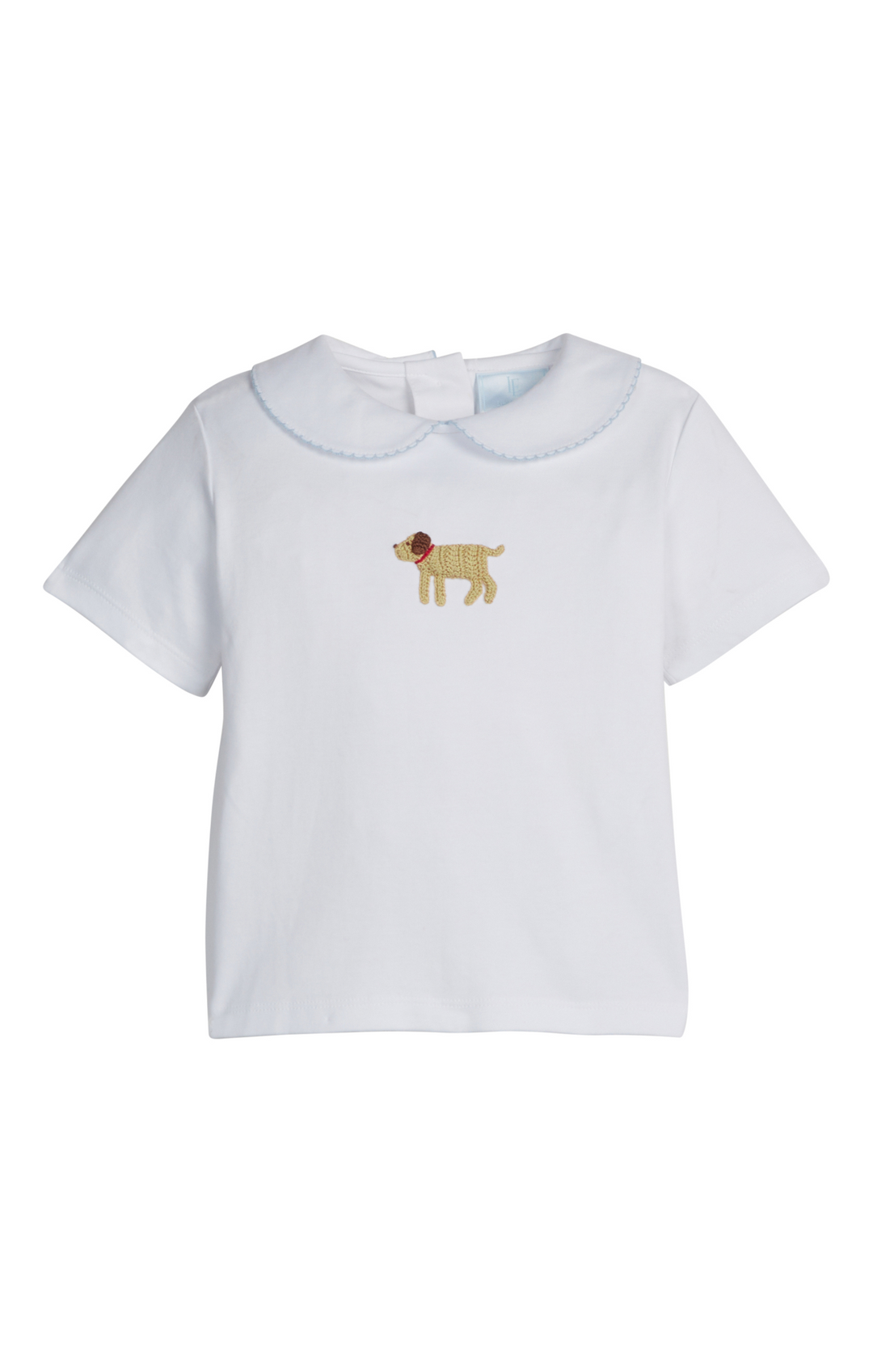 White shirt with a embroidered dog design on a white background