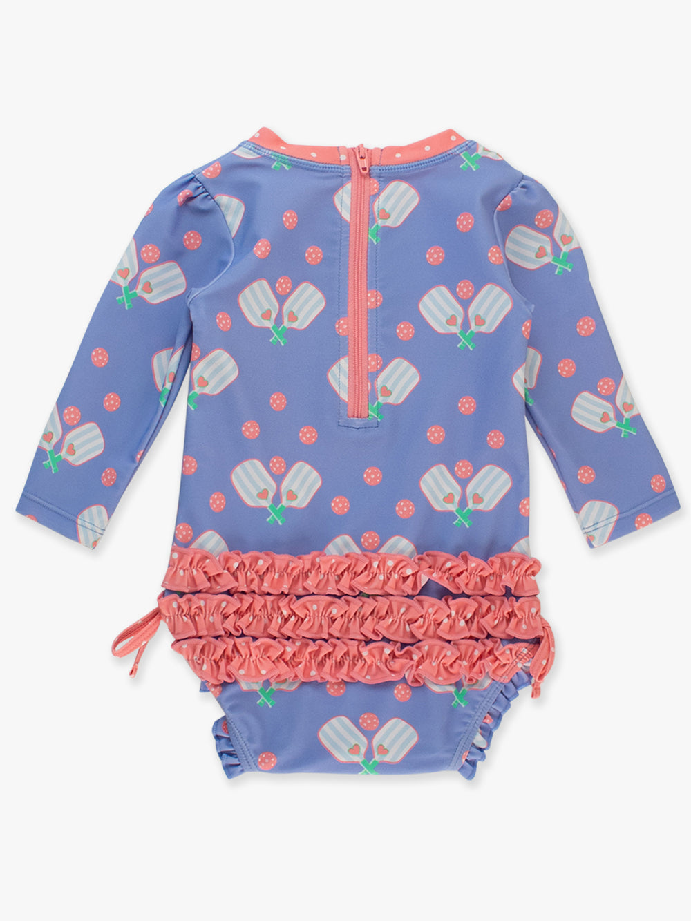 Pickleball Playtime Long Sleeve One Piece Rash Guard Swimsuit by Ruffle Butts - back view