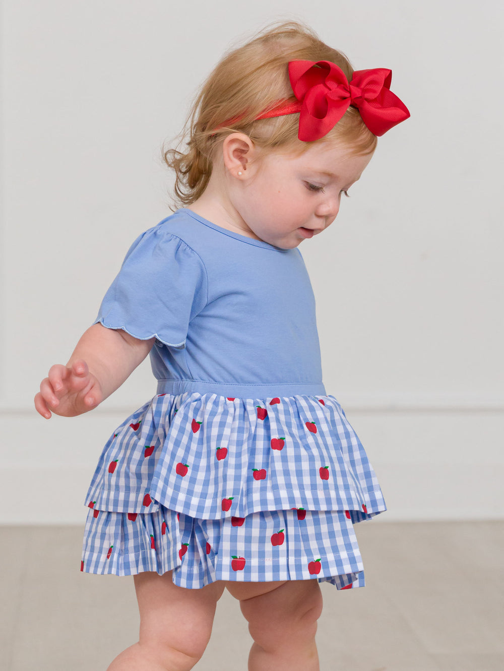 Apple Orchard Mixed Media Short Sleeve Skirted Romper by Ruffle Butts - back view